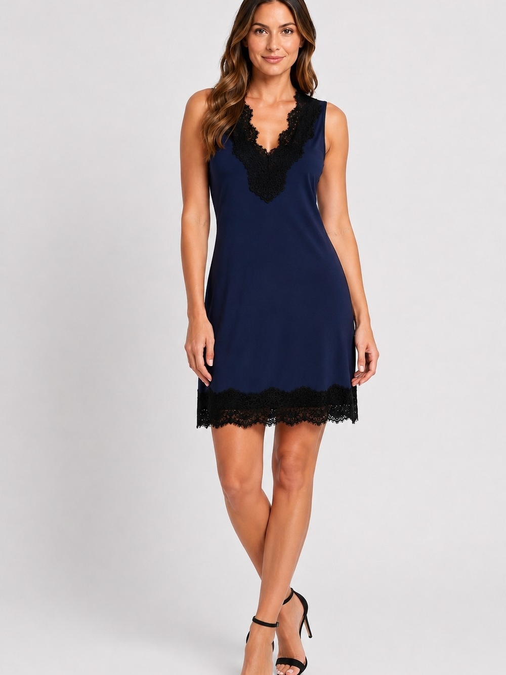 Charles Henry Navy Blue Lace Trim Stretch Sheath Dress